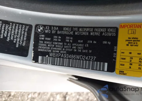 2006 BMW X3 3.0I из США, поврежденный, VIN WBXPA93486WD24727